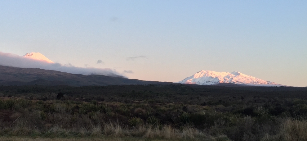 Mt Ngauruhoe and Mt Ruapehu at sunset.